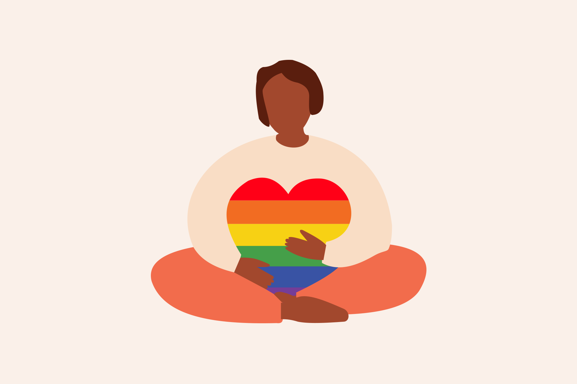 Illustration av en person som håller i ett hjärta med prideflaggan