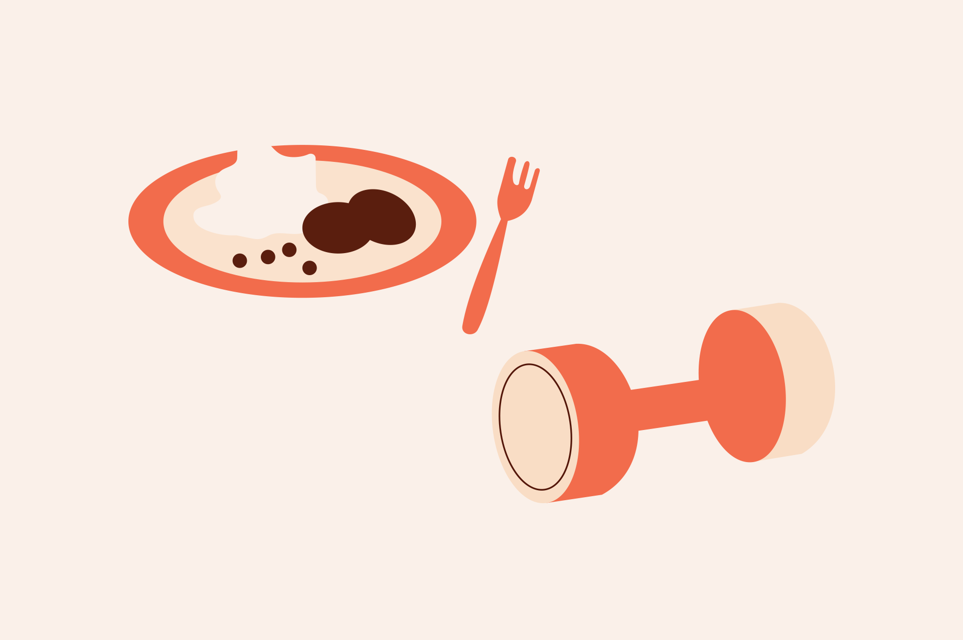 Illustration som föreställer en tallrik med mat, en gaffel och en hantel