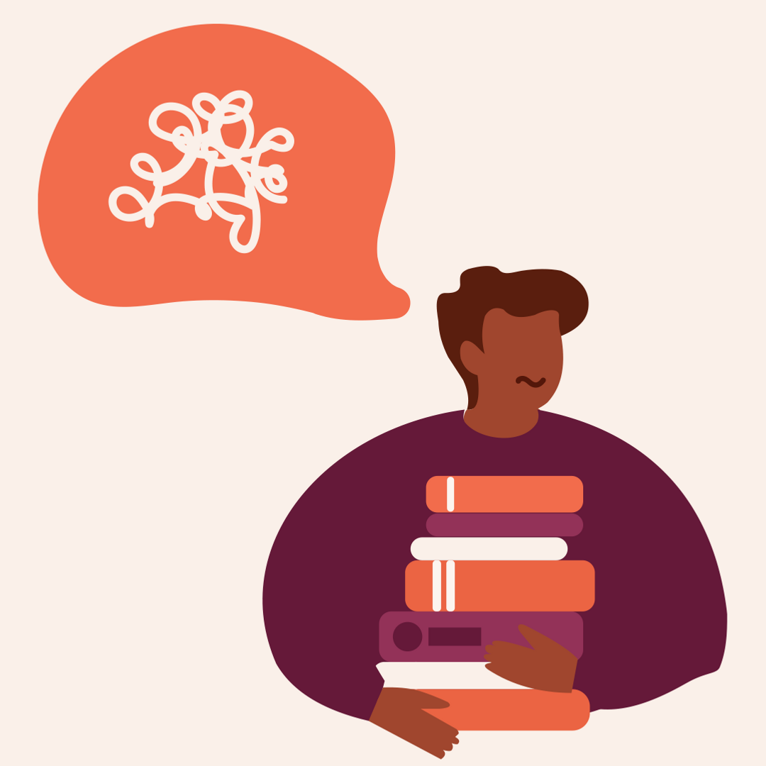 A man holding a stack of books with a thought bubble above him.