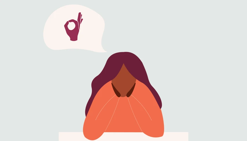 A woman with her head in her hands and a thought bubble above her.