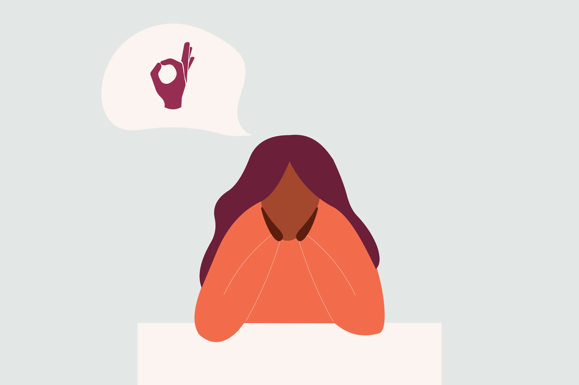 A woman with her head in her hands and a thought bubble above her.