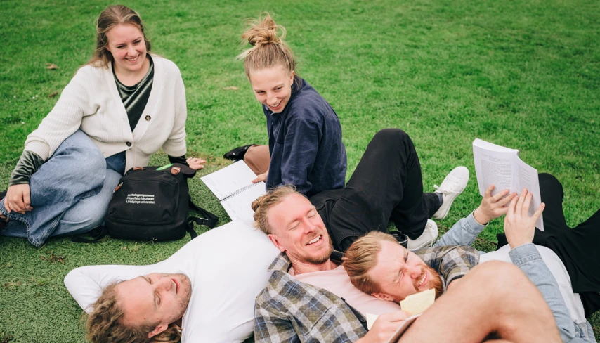 En grupp människor som ligger på ett grönskande fält.