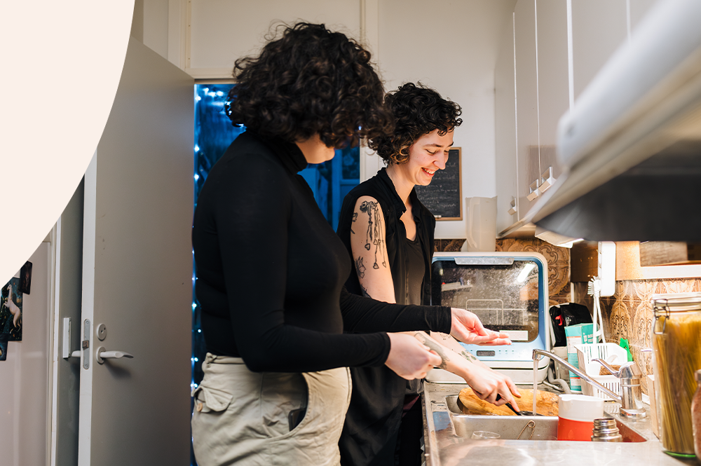 A picture of two persons doing the dishes in their apartment