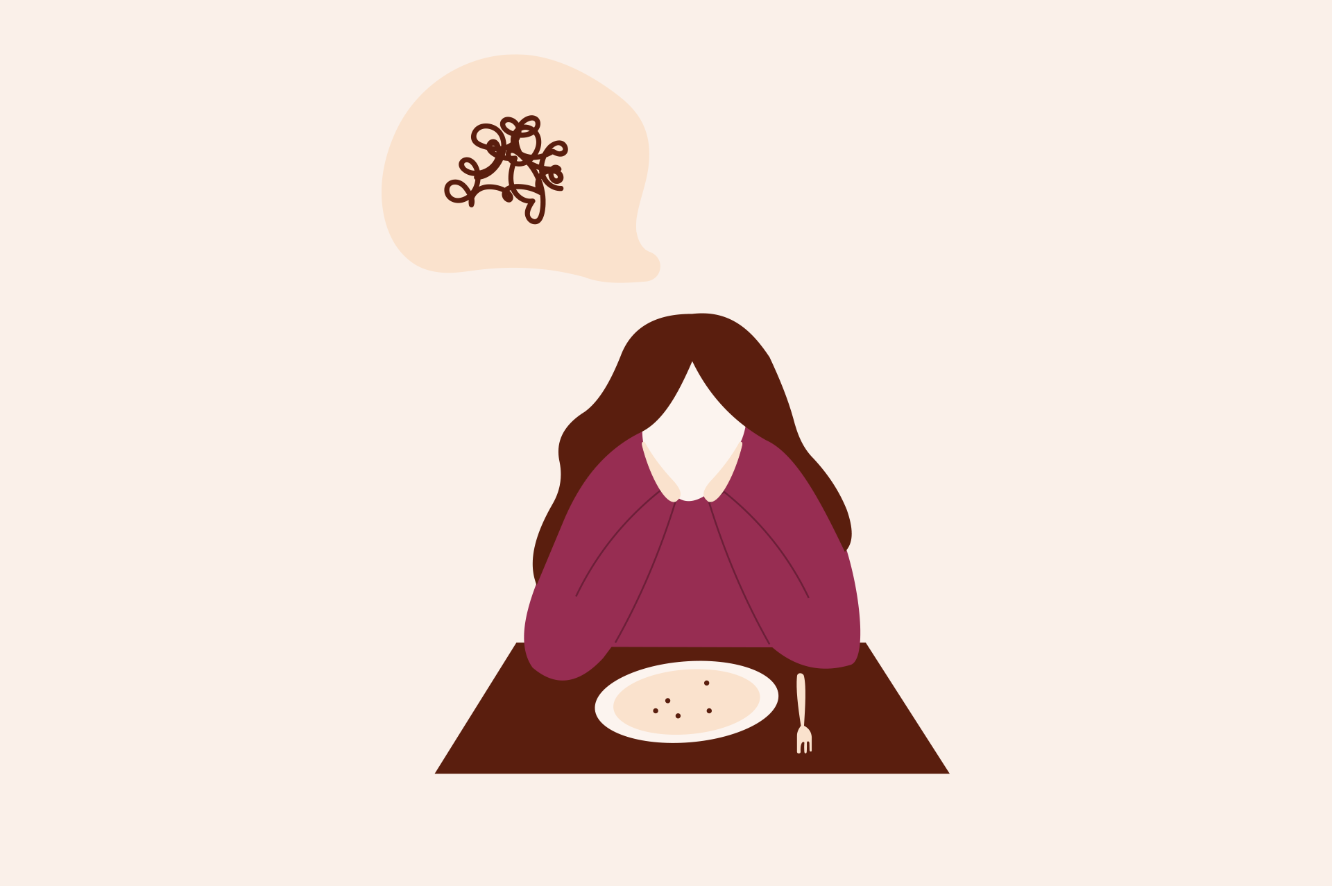 Illustration som föreställer en person som sitter till bords med en tallrik framför sig och en pratbubbla som signalerar ångest