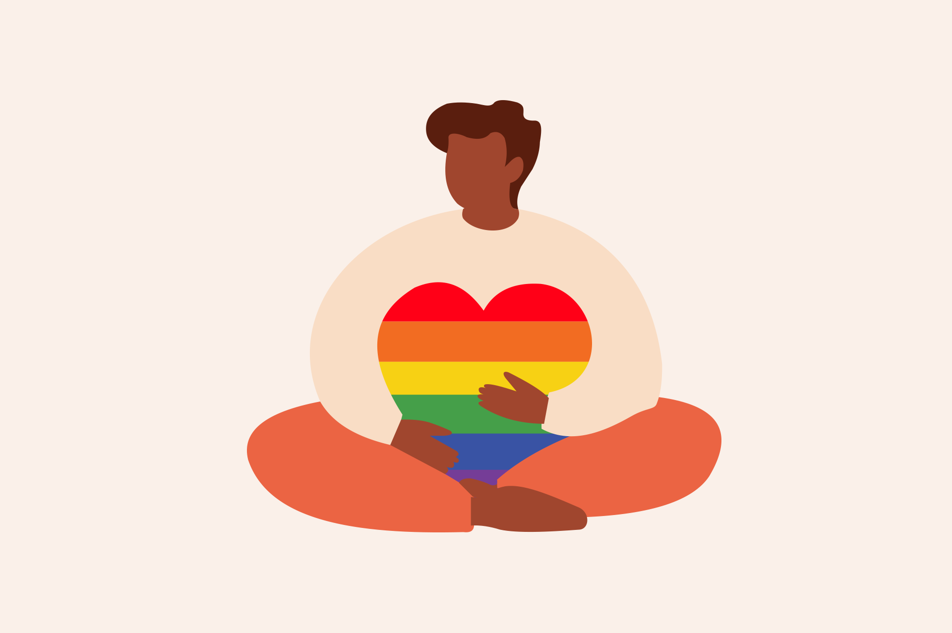 An illustration of a person holding a heart with the pride flag in it