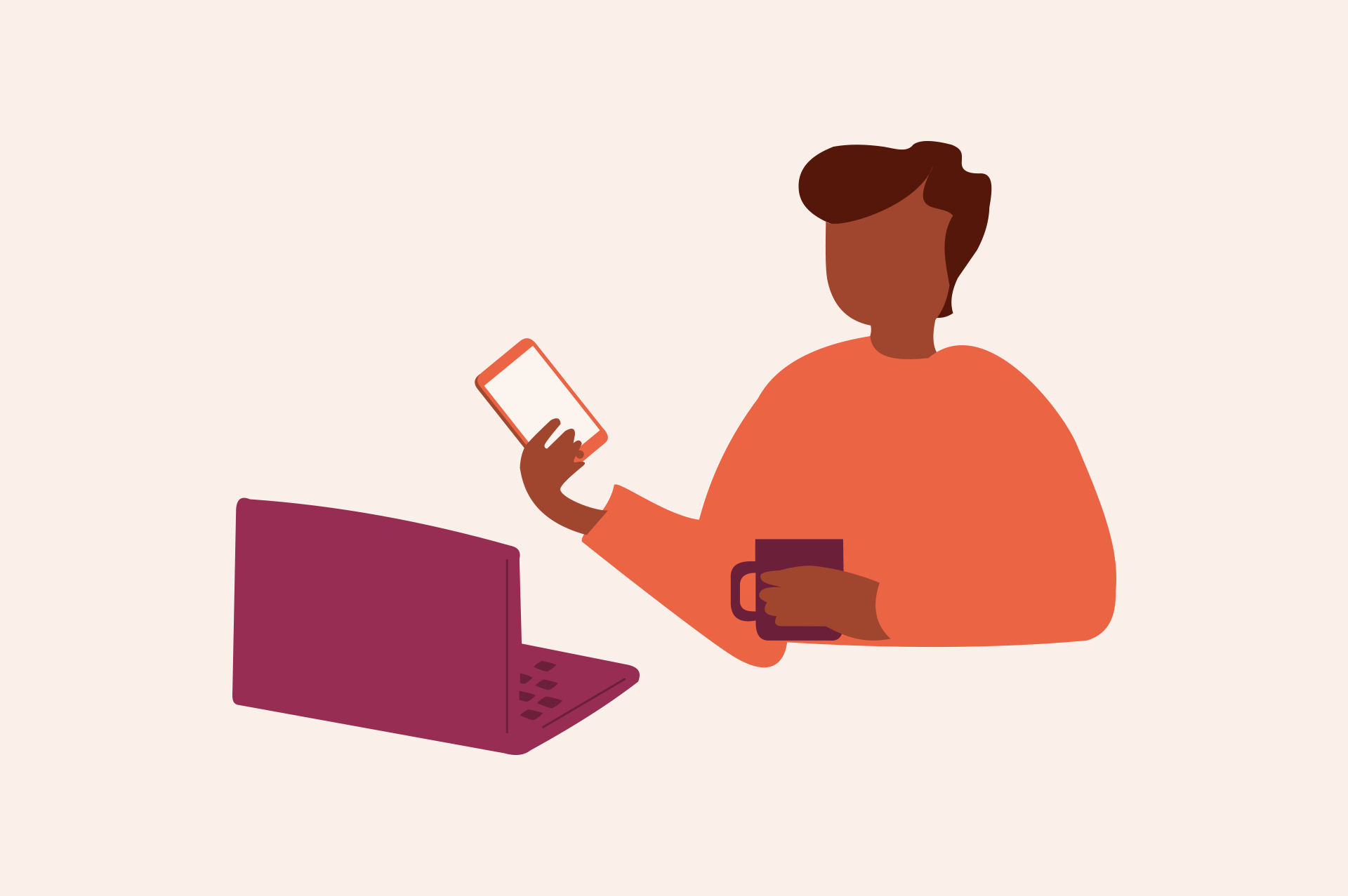 An illustration of a person having a computer in front of them, and a phone in one hand