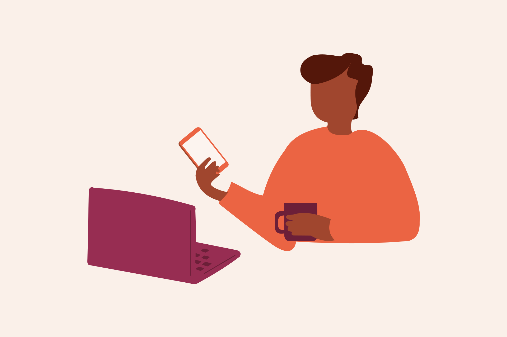 An illustration of a person in front of a computer, holding a cellphone and a cup of coffee