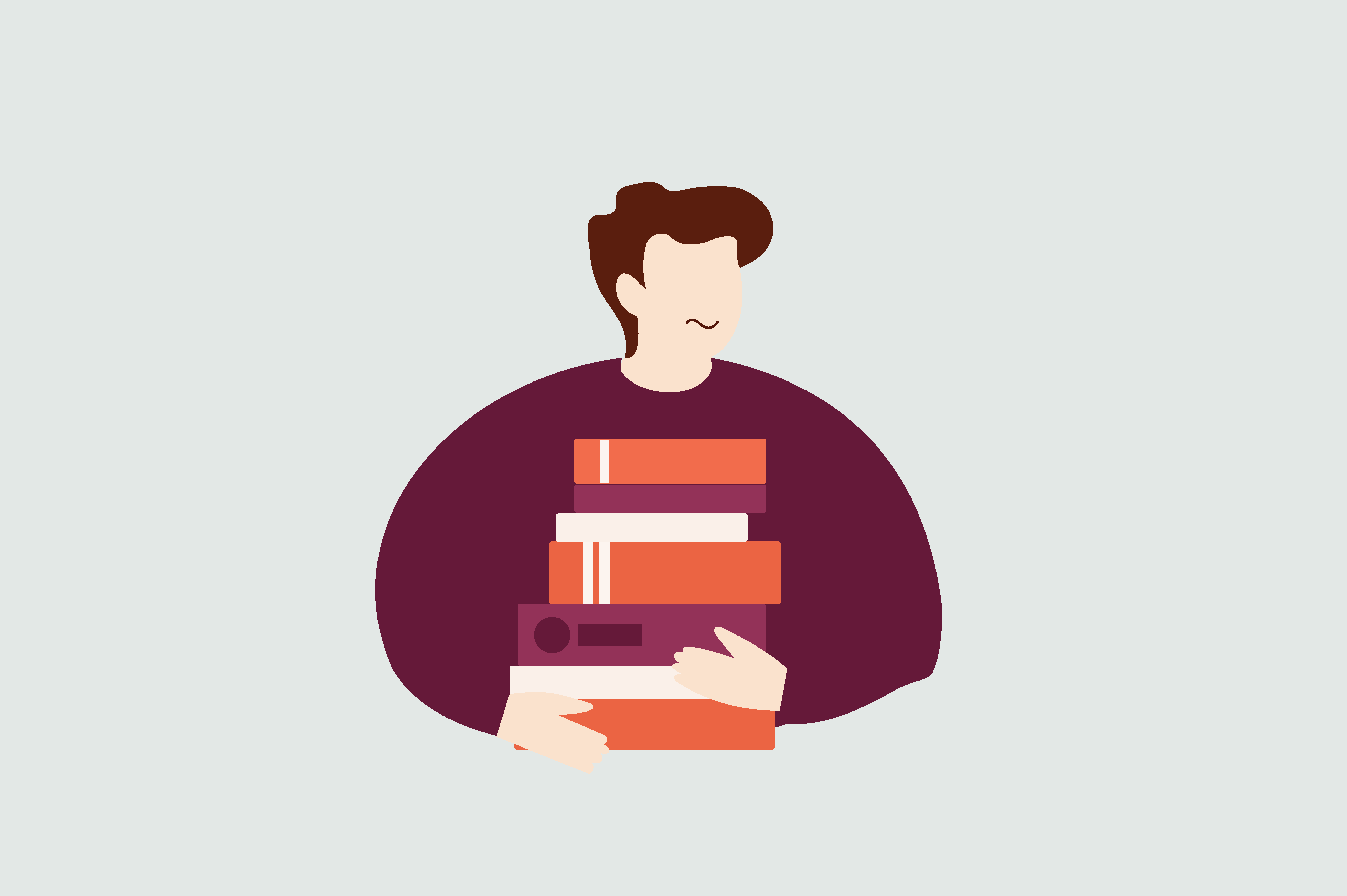 An illustration of a student with a pile of books