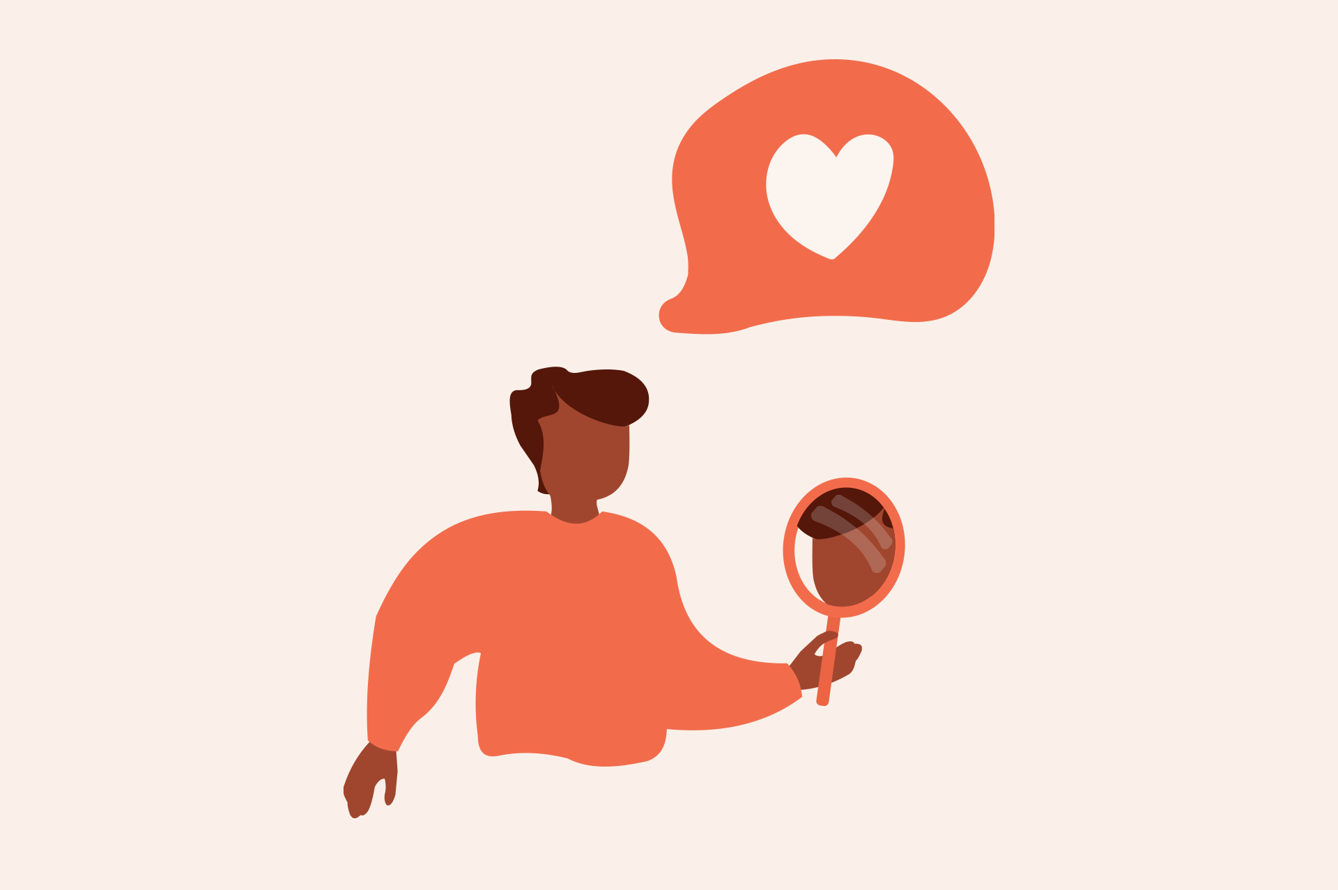Illustration of a person holding a mirror in front of themselves, with a heart above their head