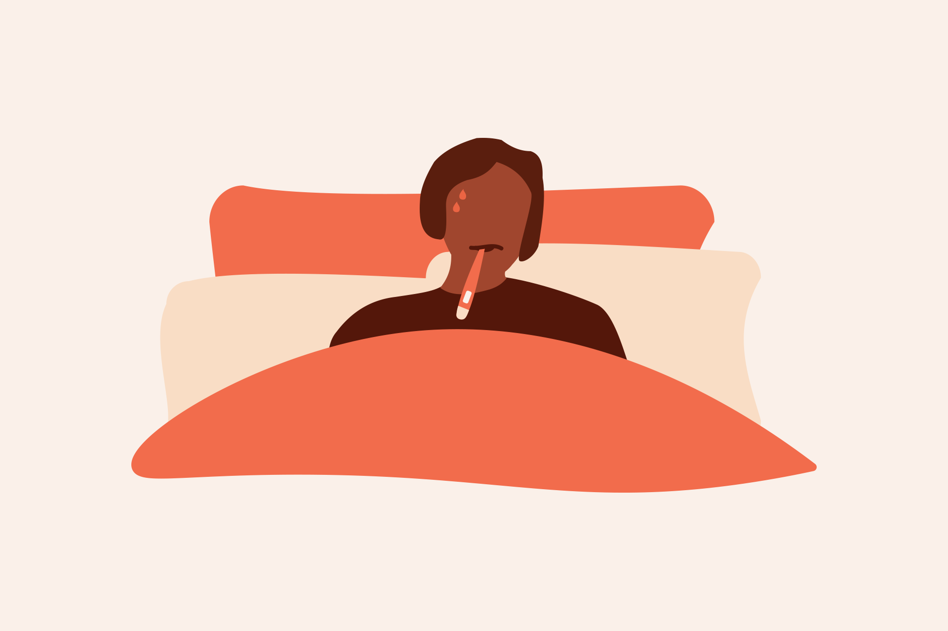 Illustration som föreställer en person som ligger i sängen med en febertermometer i munnen