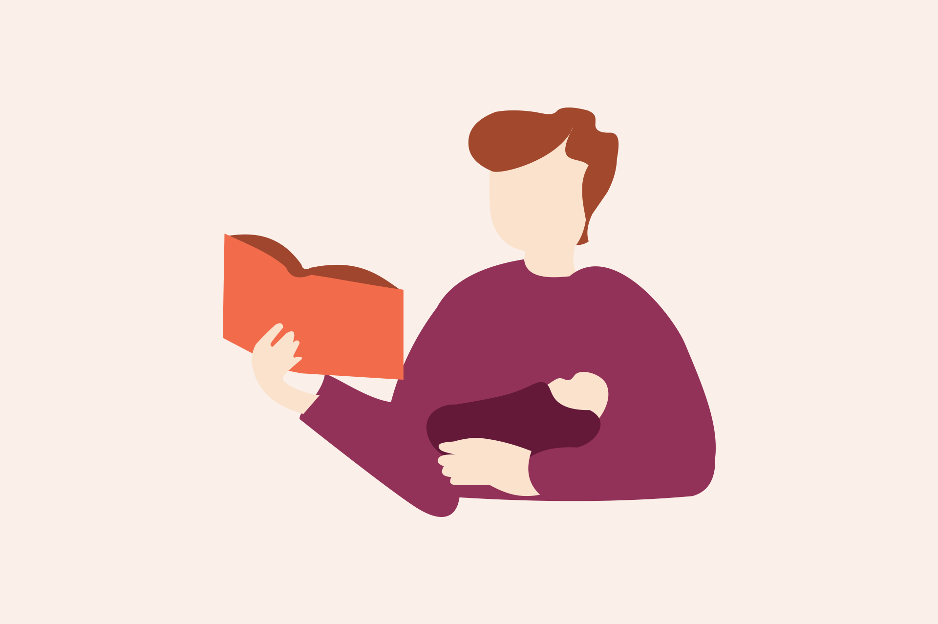 An illustration of a person holding a book in one hand and an infant in the other